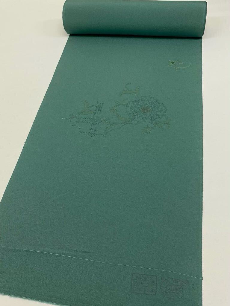 総刺繍 付け下げ 鳳凰 反物 華紋 共八掛付き 正絹 錆浅葱色の画像7