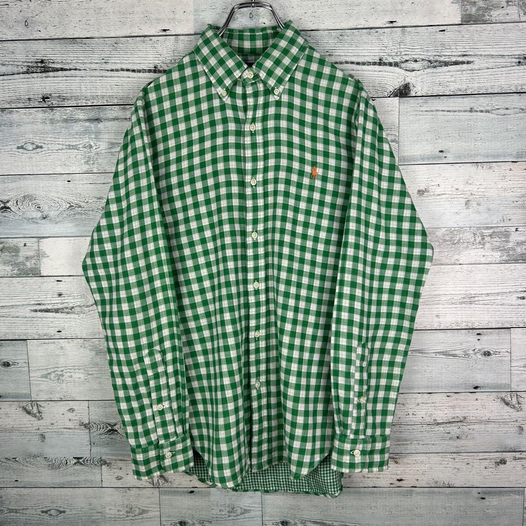 ラルフローレン 刺繍ロゴ 長袖 BDシャツ ギムガムチェック 緑白 M