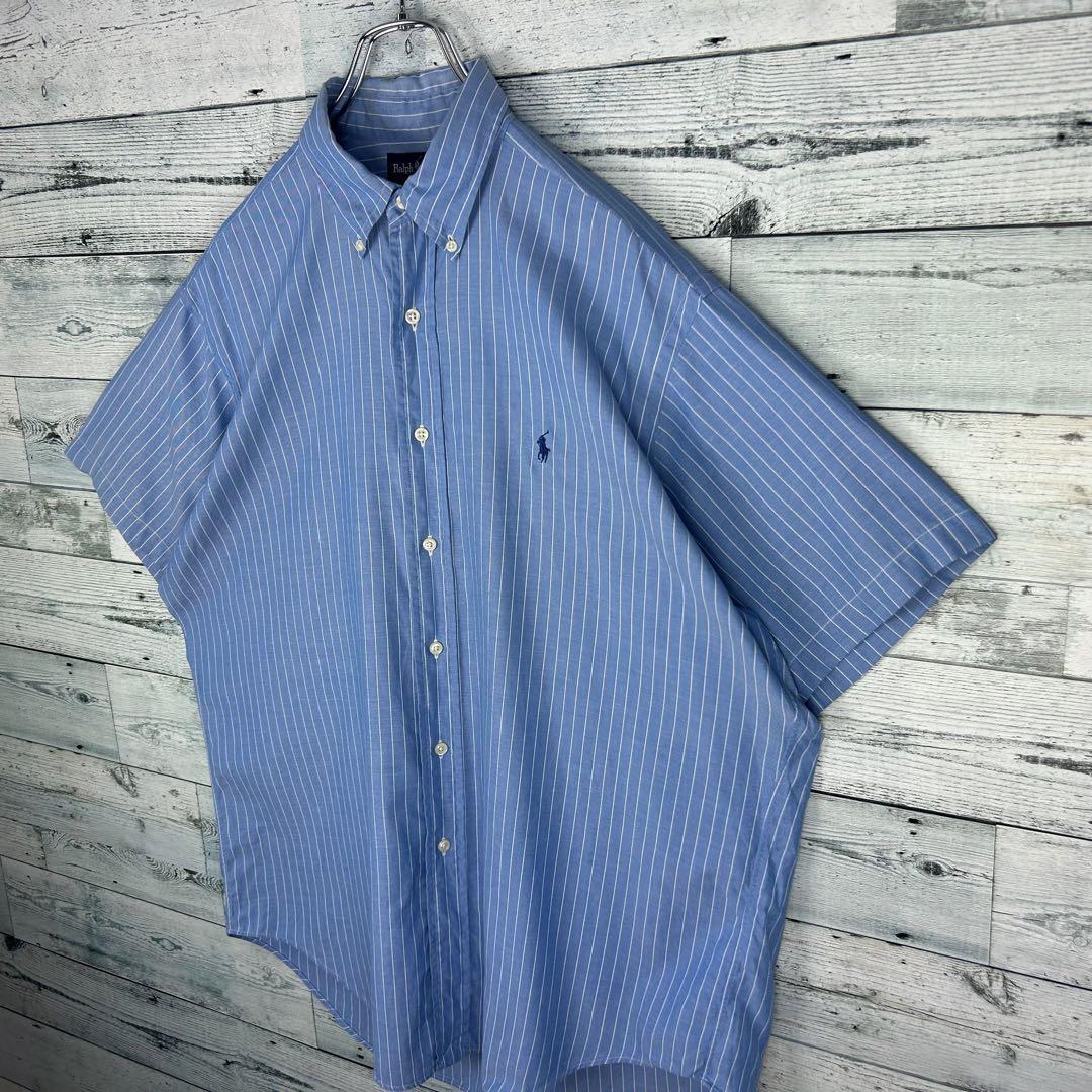 ラルフローレン 刺繍ロゴ 半袖 BDシャツ 美品 ストライプ 青白 L_画像4
