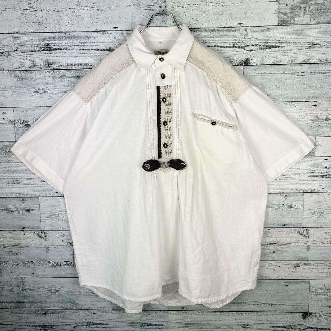 ヴィンテージ リネン混 ハーフボタン 半袖チロリアンシャツ 美品 ホワイト XL