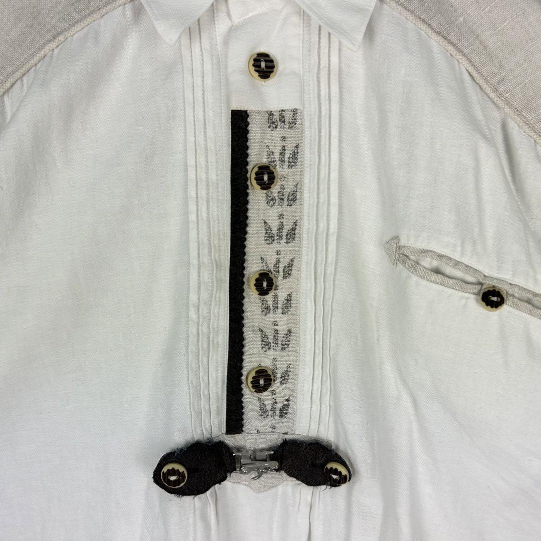 ヴィンテージ リネン混 ハーフボタン 半袖チロリアンシャツ 美品 ホワイト XL