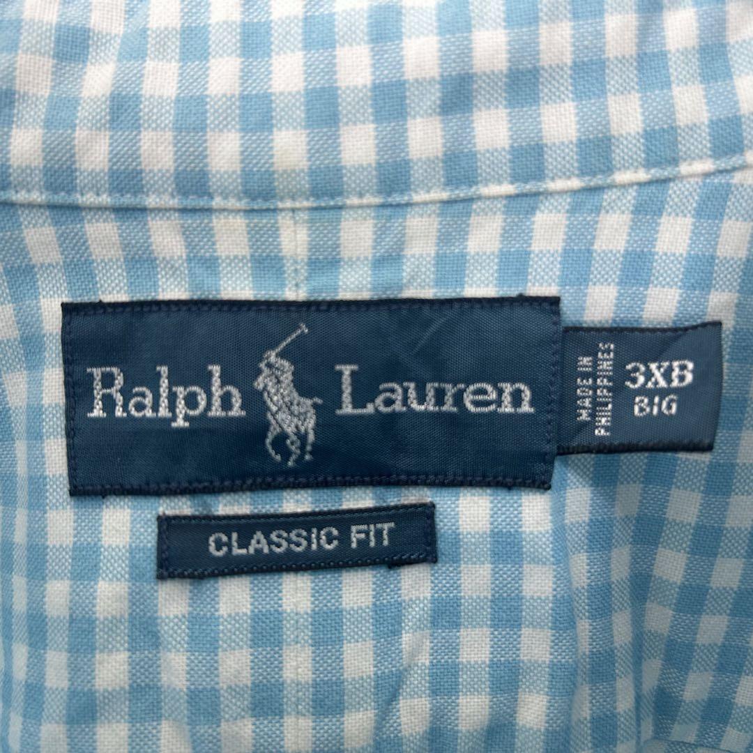 ラルフローレン 刺繍ロゴ 半袖 BDシャツ ギムガムチェック 青白 XXXL_画像8