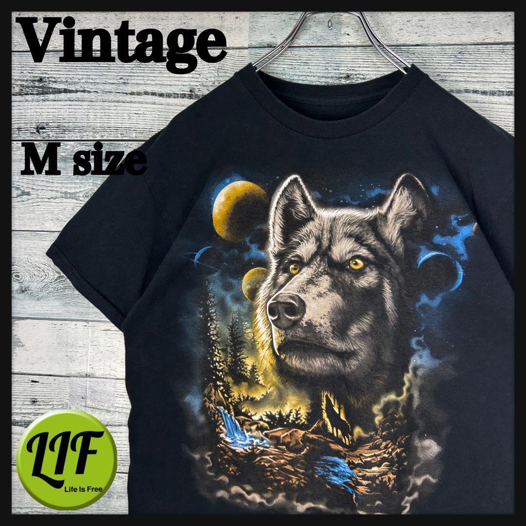 ヴィンテージ アニマルプリント オオカミ 半袖 Tシャツ ブラック Mの画像1