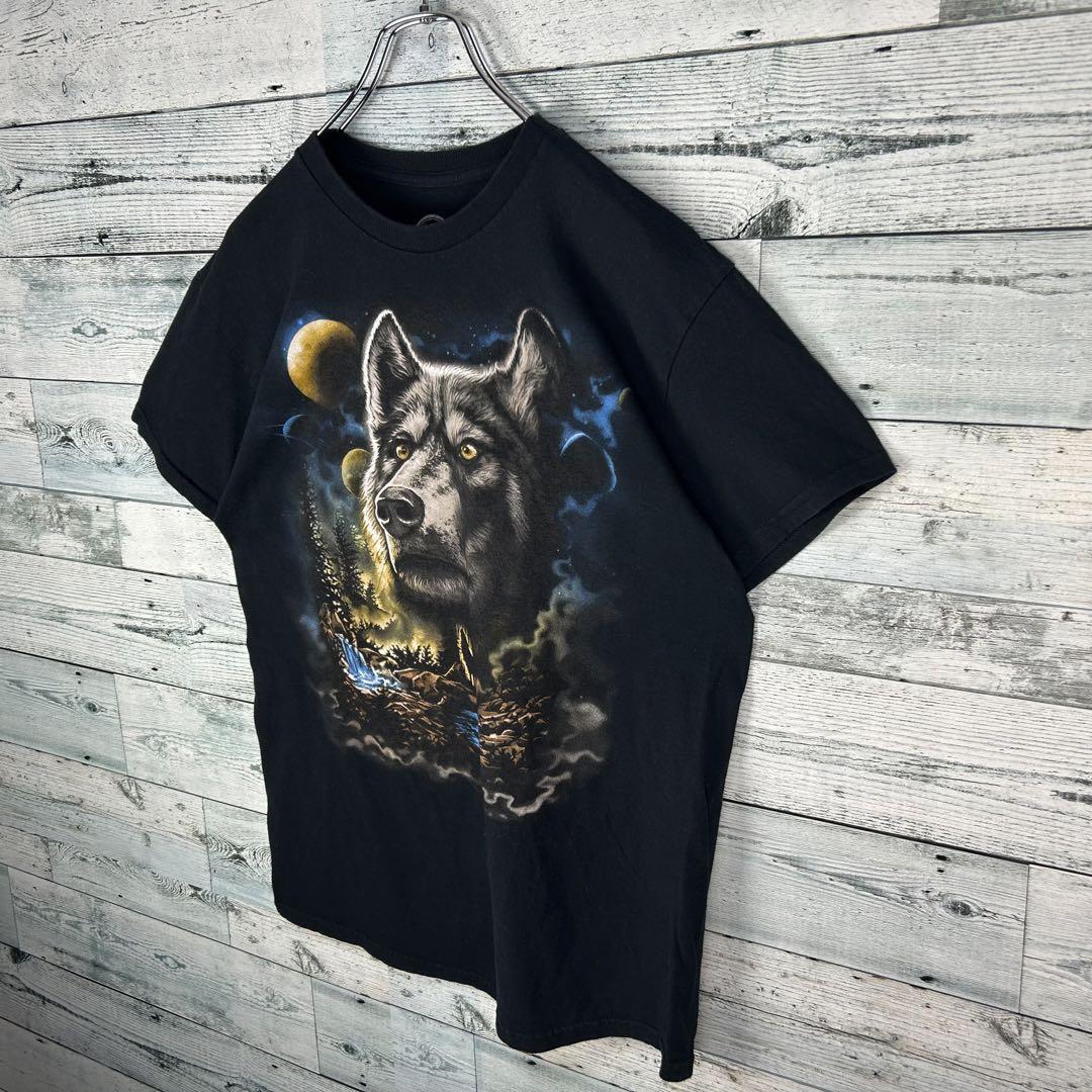 ヴィンテージ アニマルプリント オオカミ 半袖 Tシャツ ブラック Mの画像4