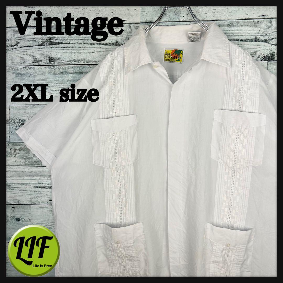 ヴィンテージ 刺繍デザイン 4ポケット 半袖キューバシャツ ホワイト XXL_画像1