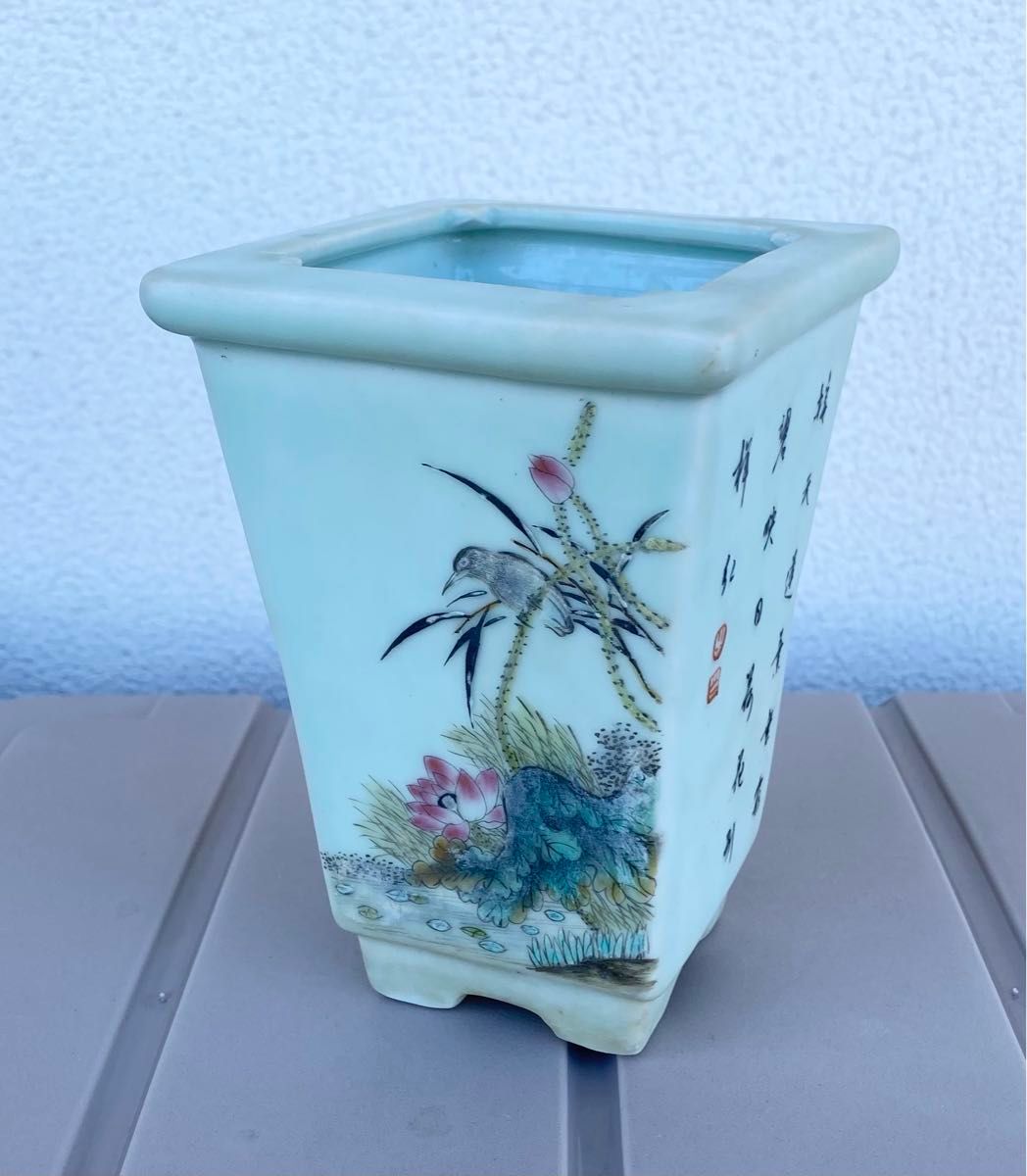 中国 青磁 手描き 色絵付け 角形 南京鉢 盆栽鉢 植木鉢