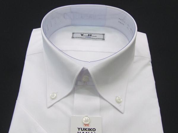 【ユキコ・ハナイ】ボタンダウン・普通体・機能性繊維使用・綿高率混半袖ホワイトシャツ無地・襟廻り43cm_画像3