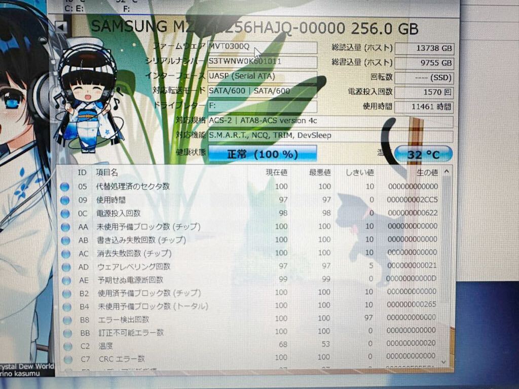 SD0198【中古動作品】SAMSUNG 内蔵 SSD 256GB /SATA 2.5インチ動作確認済み 使用時間11461Hの画像3
