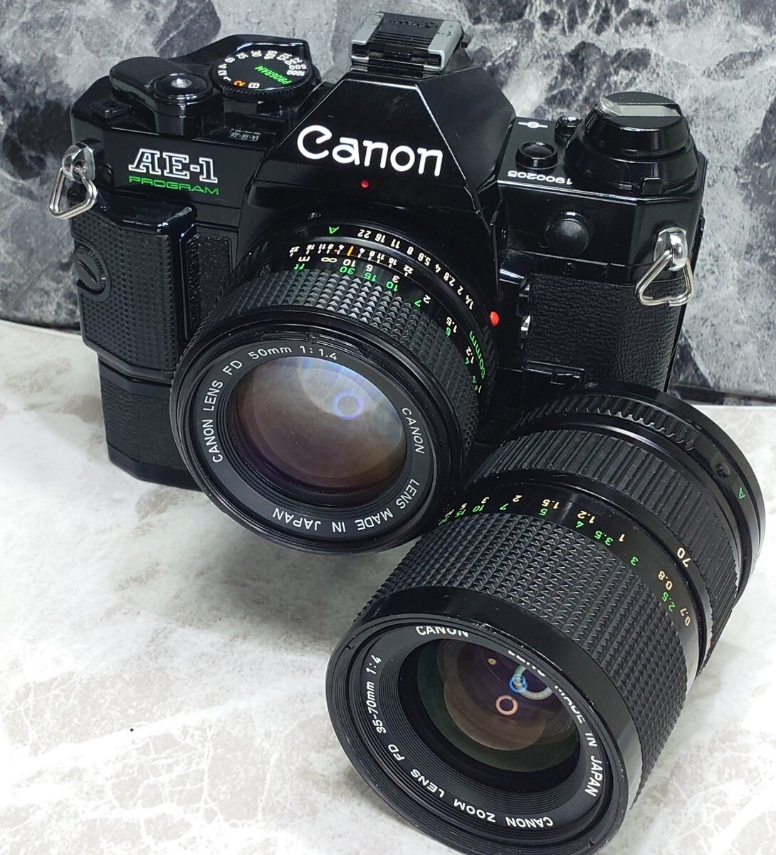 【終活整理】 Canon AE-1 Program 黒＋NEW FD 50mm f1.4＋35-70mm＋ワインダーA 各動作良好 露出計OK 外観光学良好 持病シャッター鳴きなし_画像1