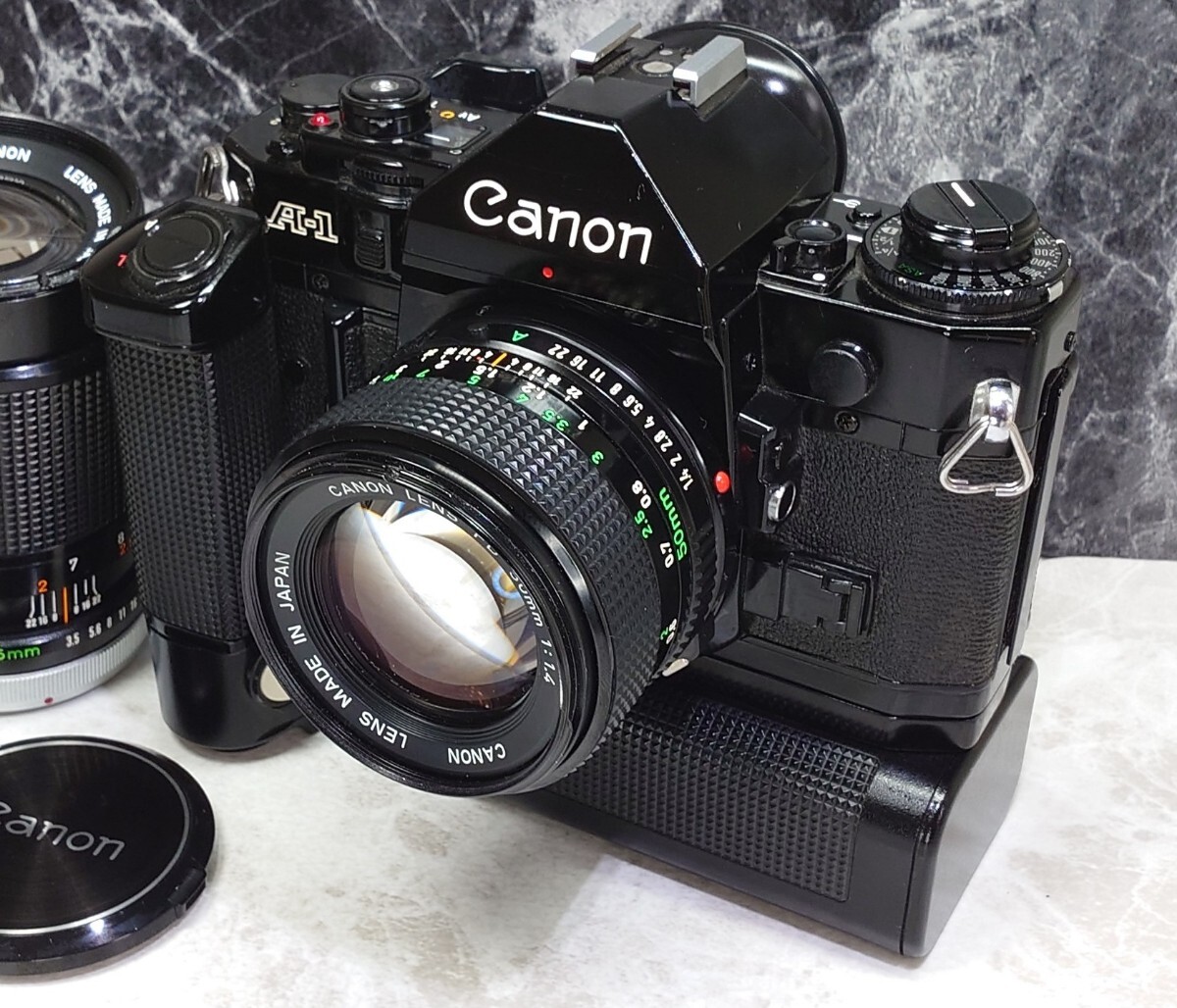 【終活】 Canon A-1 美品＋NEW FD 50mm f1.4＋FD 135mm f3.5＋強力モータードライブMA 各動作良好 露出計OK 光学連写OK 持病鳴きなしの画像3