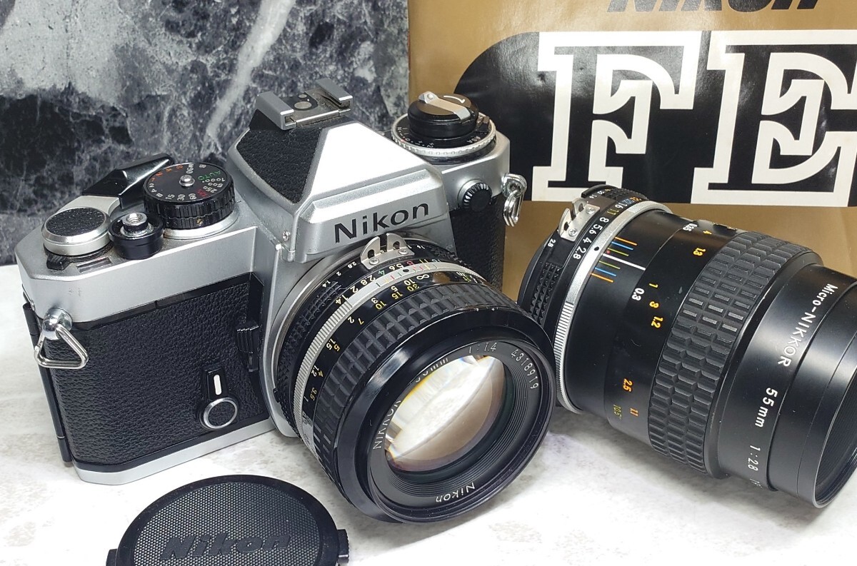 【終活整理】 Nikon FE＋Ai NIKKOR 50mm f1.4＋Micro-NIKKOR 55mm f2.8 マクロ 単焦点2本セット 各動作良好 露出計OK 光学良好 取扱説明書