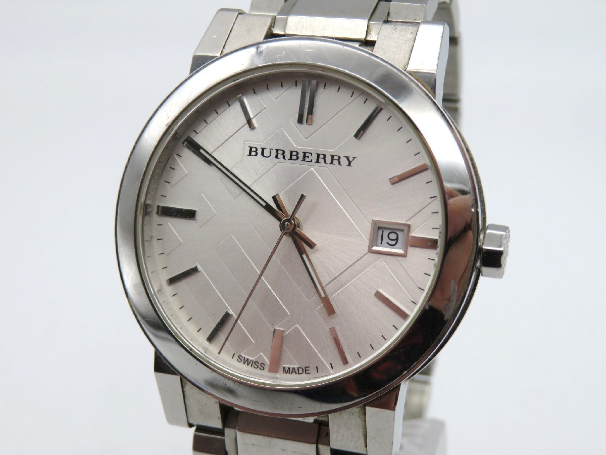 1円◆稼働◆ バーバリー BU9000 シルバー クオーツ メンズ 腕時計 コマ３ M23202
