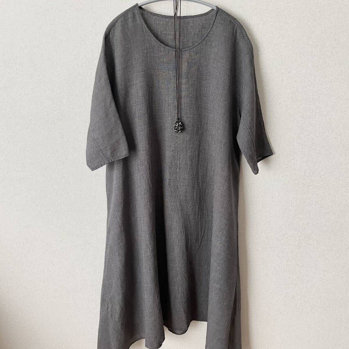 * beautiful goods * Jurgen Lehl 2023SS One-piece dress cotton linen free size babag-li navy check (50600 jpy )