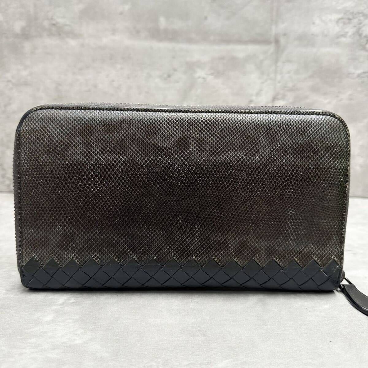 1円■最高級■ BOTTEGAVENETA ボッテガヴェネタ メンズ 長財布 ラウンドファスナー イントレチャート リザード レザー 本革 グレー系の画像3