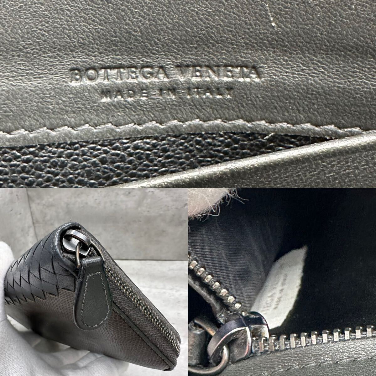 1円■最高級■ BOTTEGAVENETA ボッテガヴェネタ メンズ 長財布 ラウンドファスナー イントレチャート リザード レザー 本革 グレー系の画像10