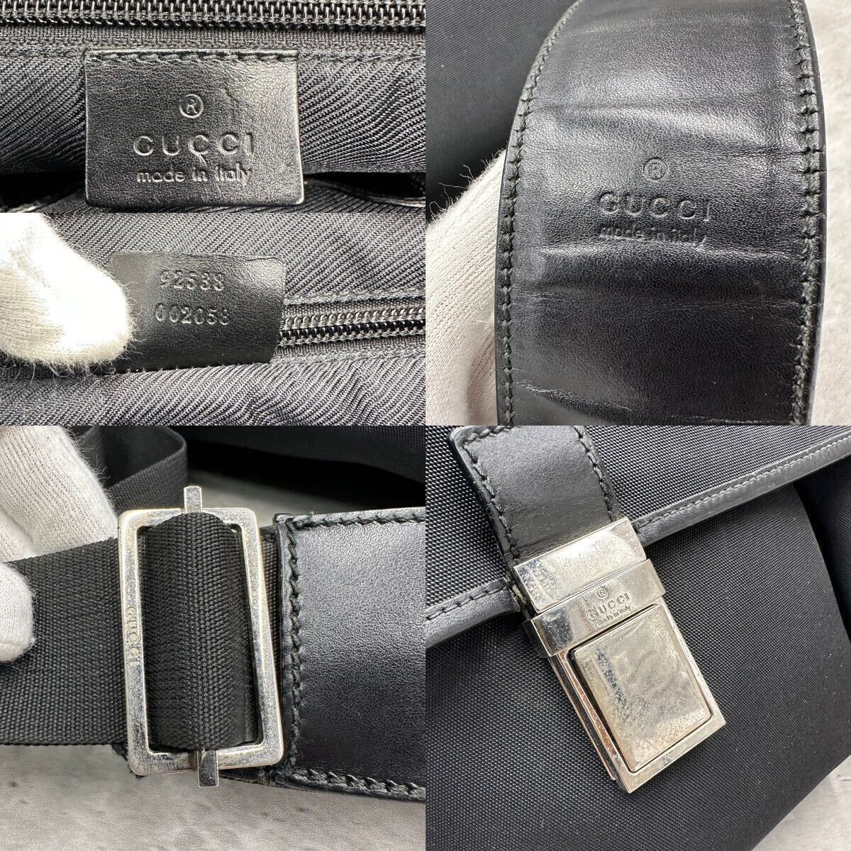 1円■A4◎/大容量■ GUCCI グッチ メンズ ショルダーバッグ メッセンジャー サコッシュ 斜め掛け シルバー金具 レザー 本革 ナイロン 黒_画像10