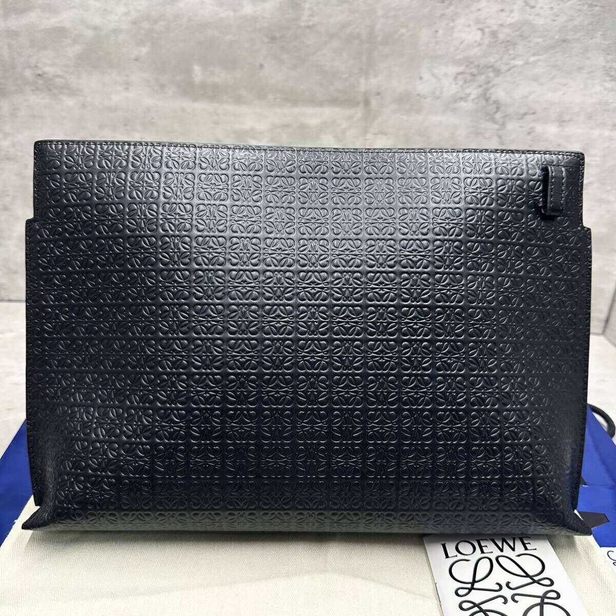 1円■未使用級/付属品完備■ ロエベ LOEWE メンズ リピートアナグラム クラッチバッグ セカンドバッグ ボディ ビジネス 型押し 現行 革 黒_画像3