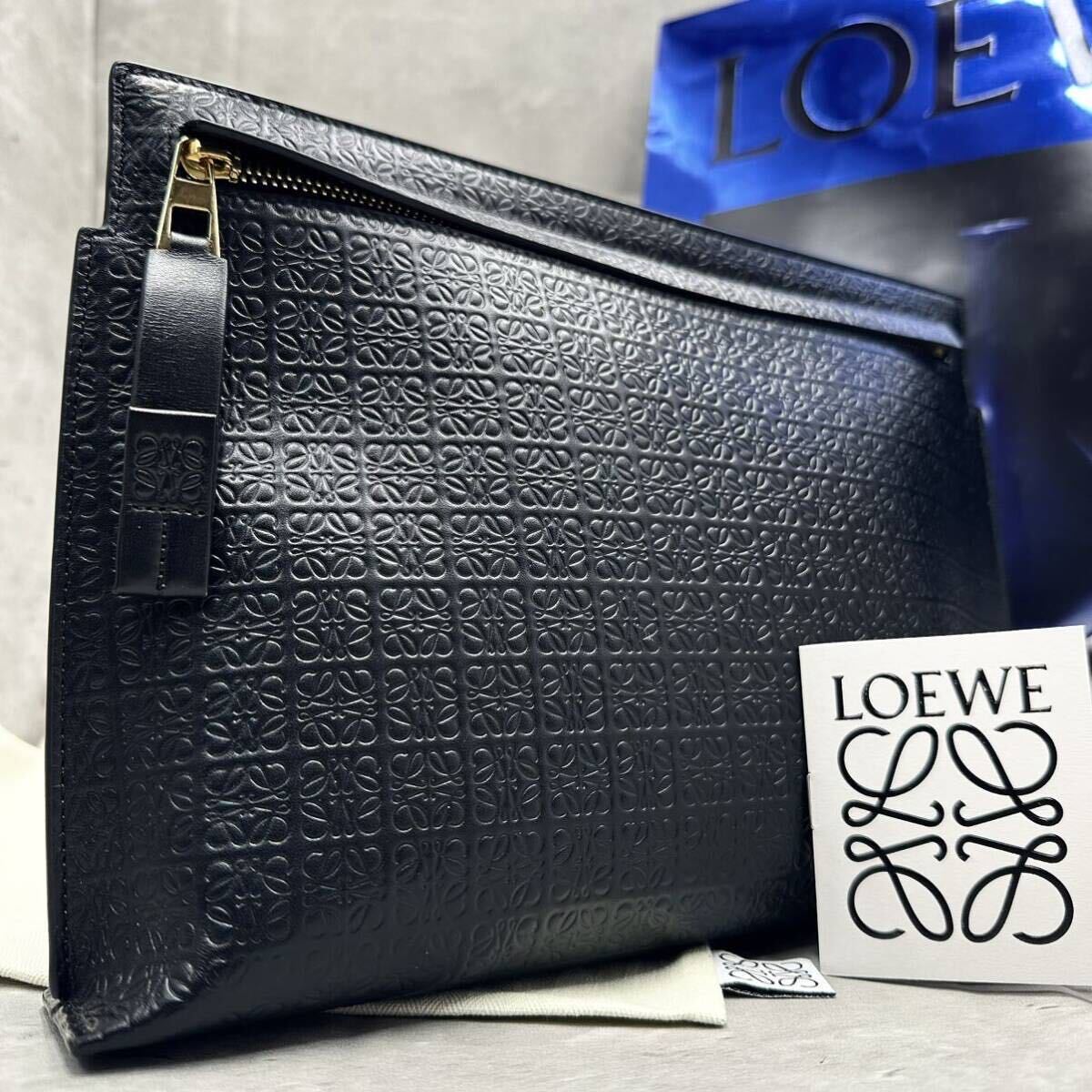 1円■未使用級/付属品完備■ ロエベ LOEWE メンズ リピートアナグラム クラッチバッグ セカンドバッグ ボディ ビジネス 型押し 現行 革 黒_画像1