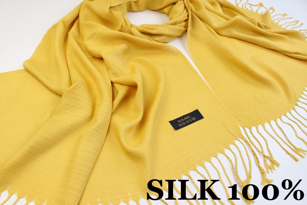 新品【SILK シルク100%】無地 Plain 大判 ストール M.YELLOW からし色 マスタードイエロー系の画像1