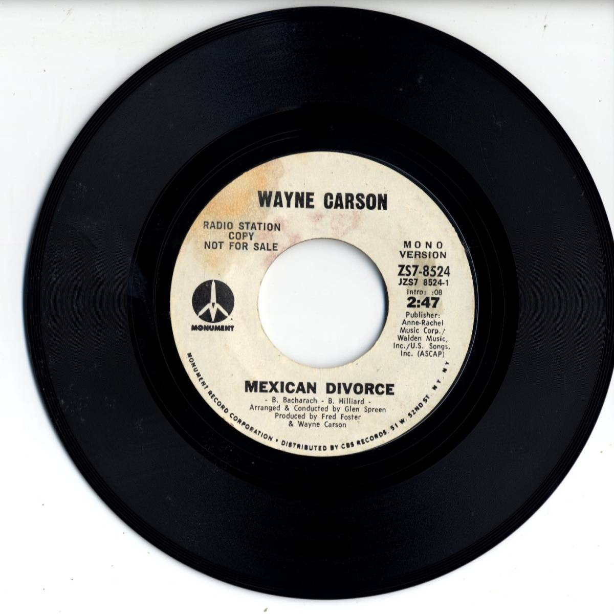 Wayne Carson 「Mexican Divorce」　米国MONUMENT盤プロモ用EPレコード_画像2