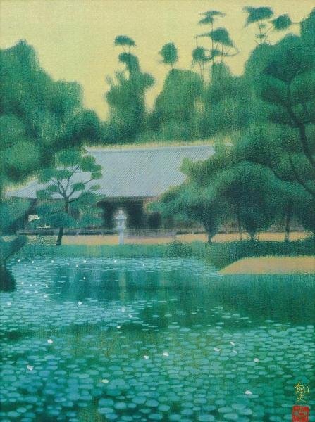 【WISH】平山郁夫「浄瑠璃寺」工芸画(岩絵の具方式) 約12号 大作 1983年作 証明シール   〇文化勲章 文化功労者 院展理事長 #22093289の画像3