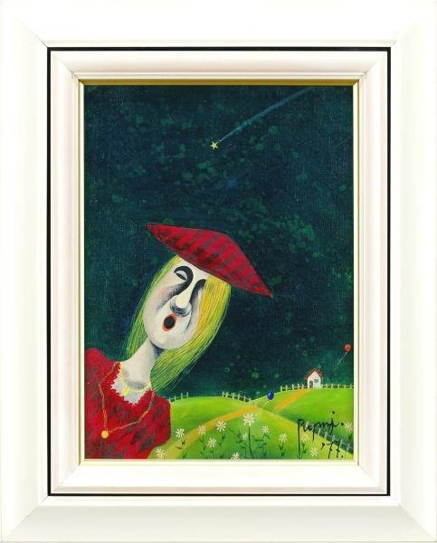 【WISH】サイン有 油彩 4号 1977年作 幻想派 シュルレアリスム 夜空 人物 #24033313_画像2
