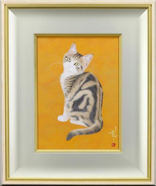 【真作】【WISH】武蔵原裕二「綾」日本画 4号 金落款 共シール ◆愛らしい猫名画   〇動物画人気作家 日本美術院院友 #24033102の画像2