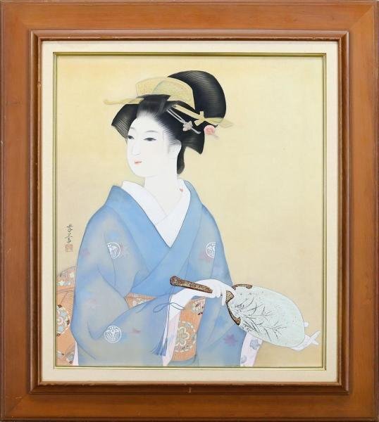 【WISH】在銘 日本画 約10号 金箔仕様 絹本 和美人 #24033460_画像2