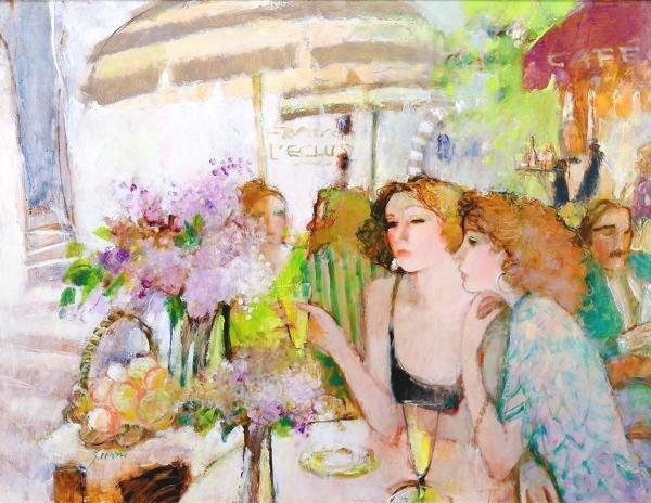 【真作】【WISH】今井幸子「5月のカフェテラスにて」油彩 50号 大作 ◆全盛期・カフェの美人大型名画   〇女性像人気画家 #24042260の画像3