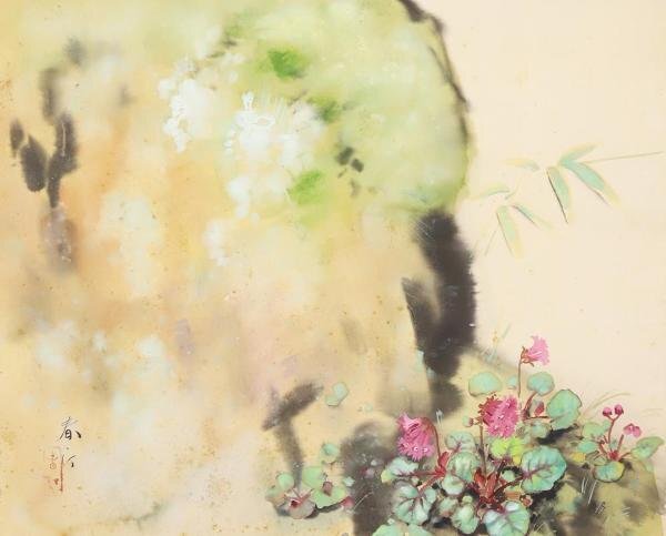【WISH】在銘：春汀「岩鏡」日本画 掛軸 絹本 共箱 野花 #24040024の画像3