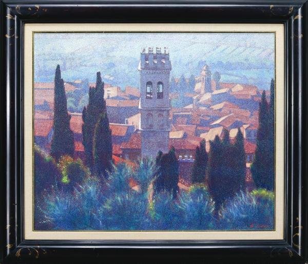 【真作】【WISH】羽田裕「チヴィカの塔 Assisi」油彩 12号 大作 1983年作 ◆イタリア美景大型名画   〇リアリズム人気画家 #24033190の画像2
