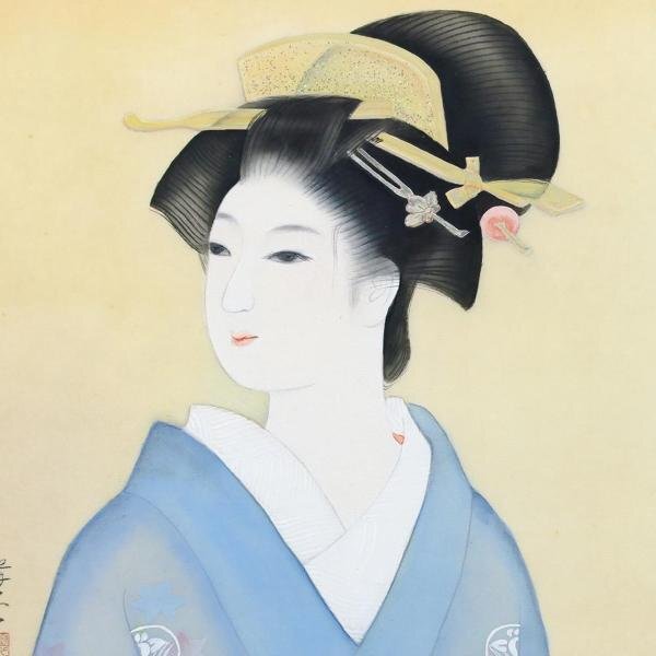 【WISH】在銘 日本画 約10号 金箔仕様 絹本 和美人 #24033460_画像4