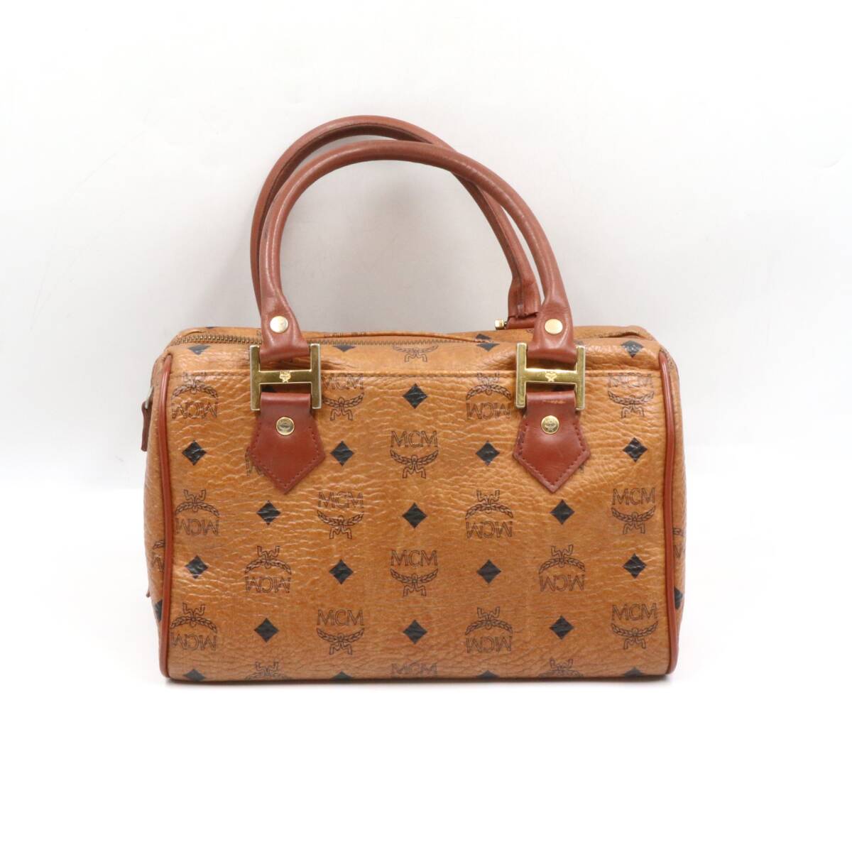 *MCM M si- M monogram Visee tos pattern PVC× leather handbag Mini Boston bag brown group 