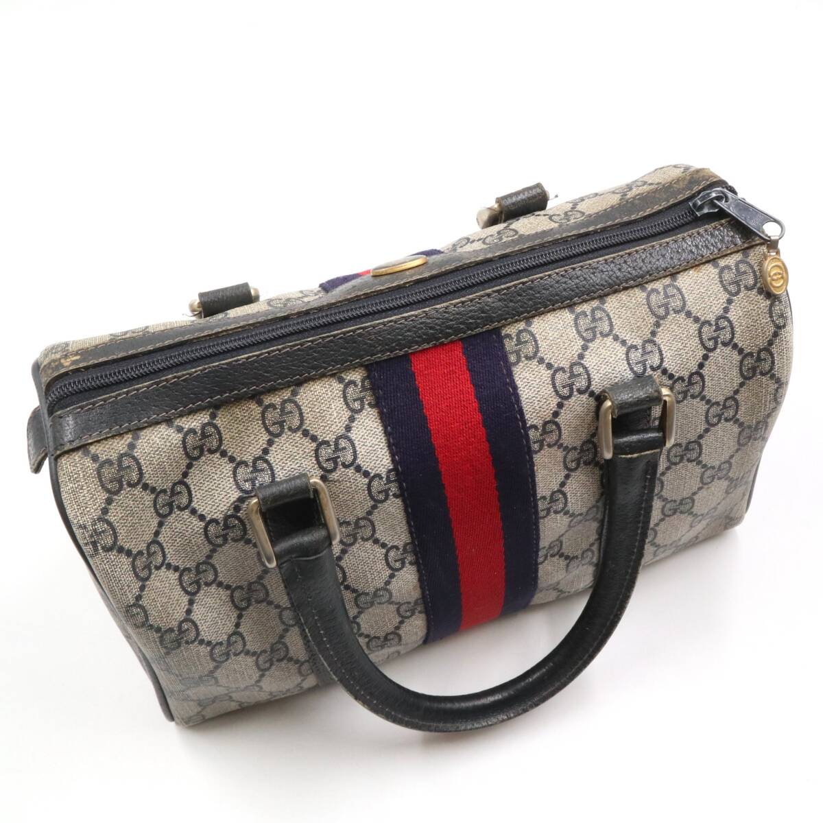 ★GUCCI グッチ 40 02 006 オールドグッチ ヴィンテージ シェリーライン GG柄 PVC×レザー ハンドバッグ ネイビー系の画像5