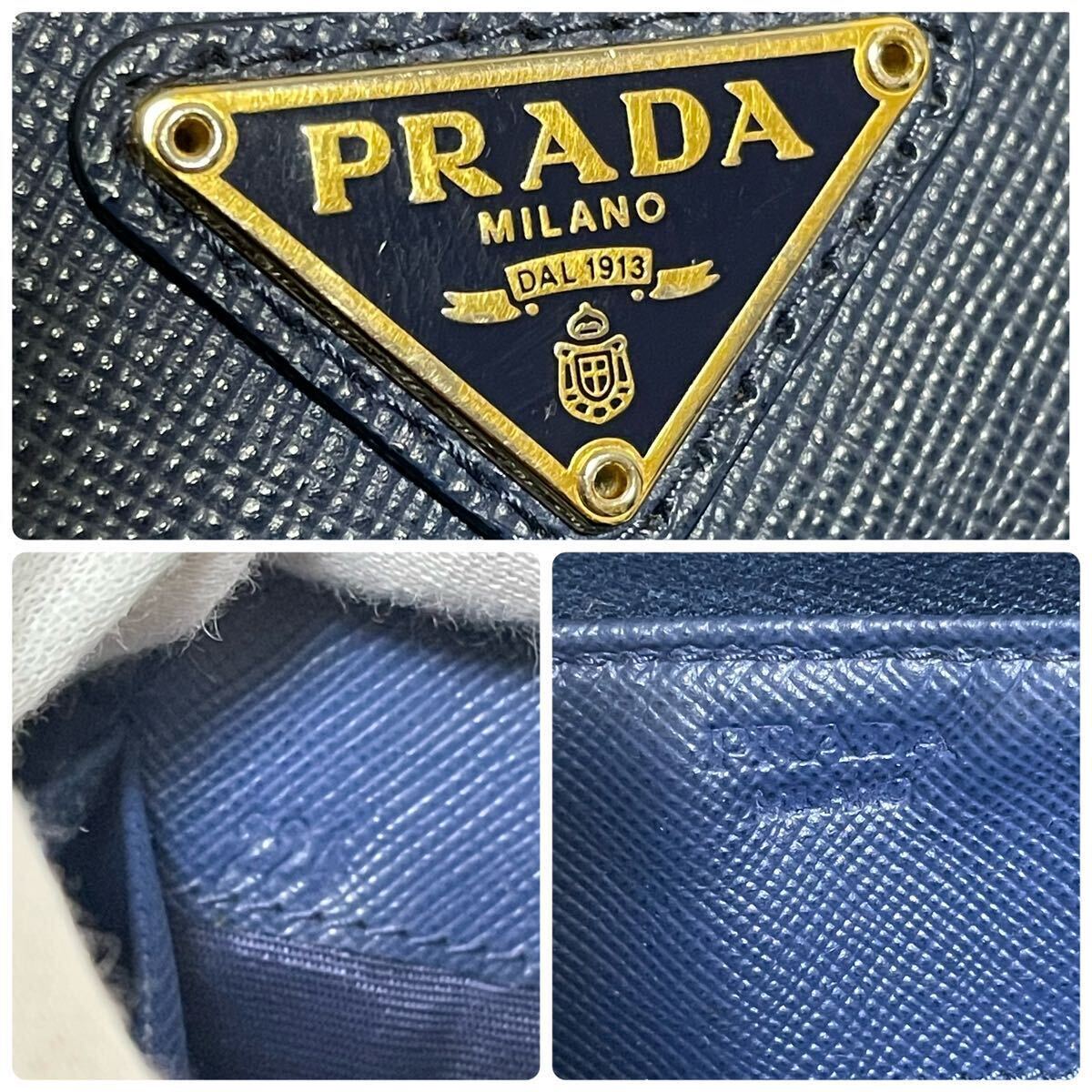 【付属品完備 美品】 PRADA プラダ メンズ ビジネス 長財布 ラウンドファスナー 三角ロゴ 金ロゴ サフィアーノ 青 ネイビー レザー 本革