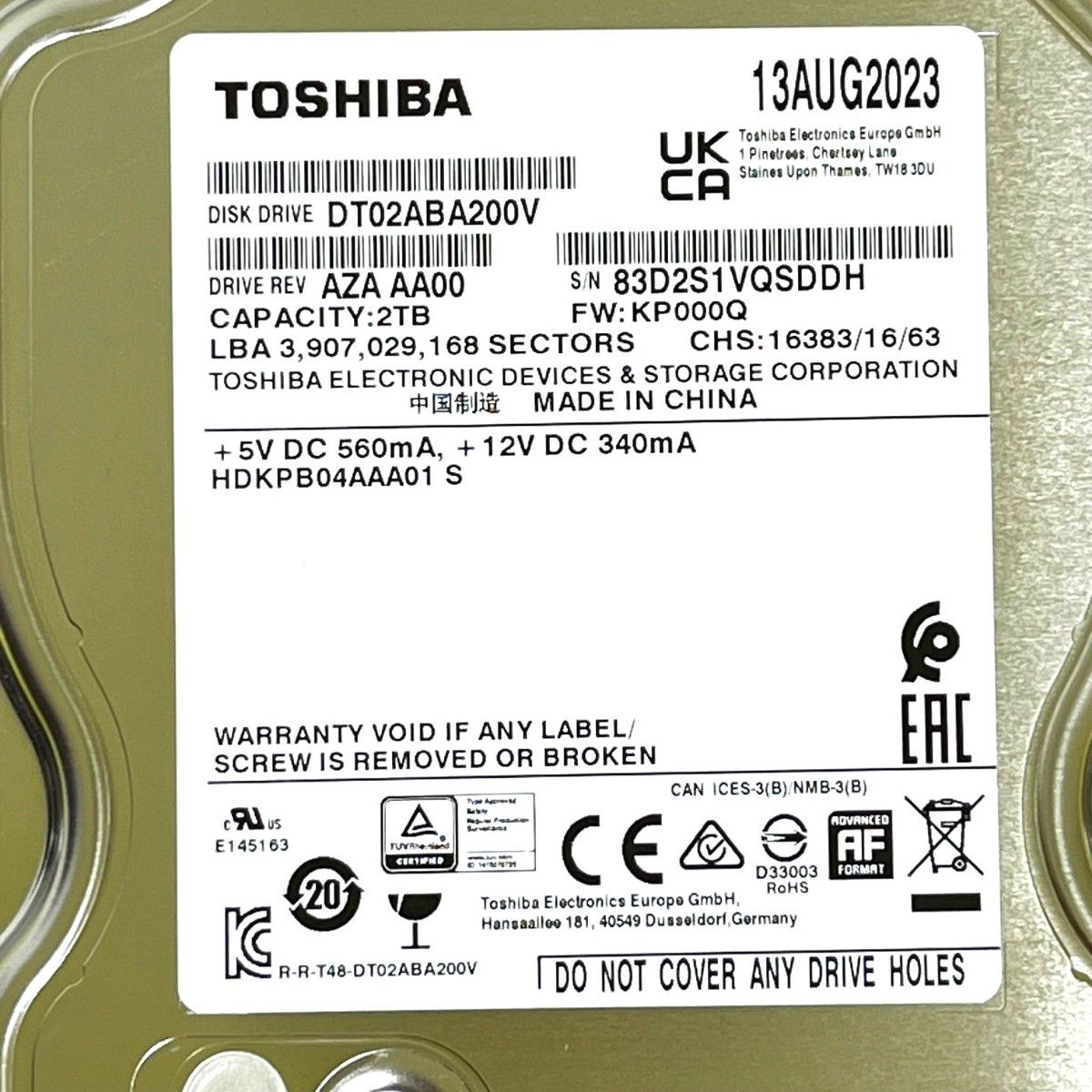 ★ 2TB ★TOSHIBA / DT02ABA200V【使用時間：489ｈ】2023年製　稼働少　AVコマンド　3.5インチ内蔵