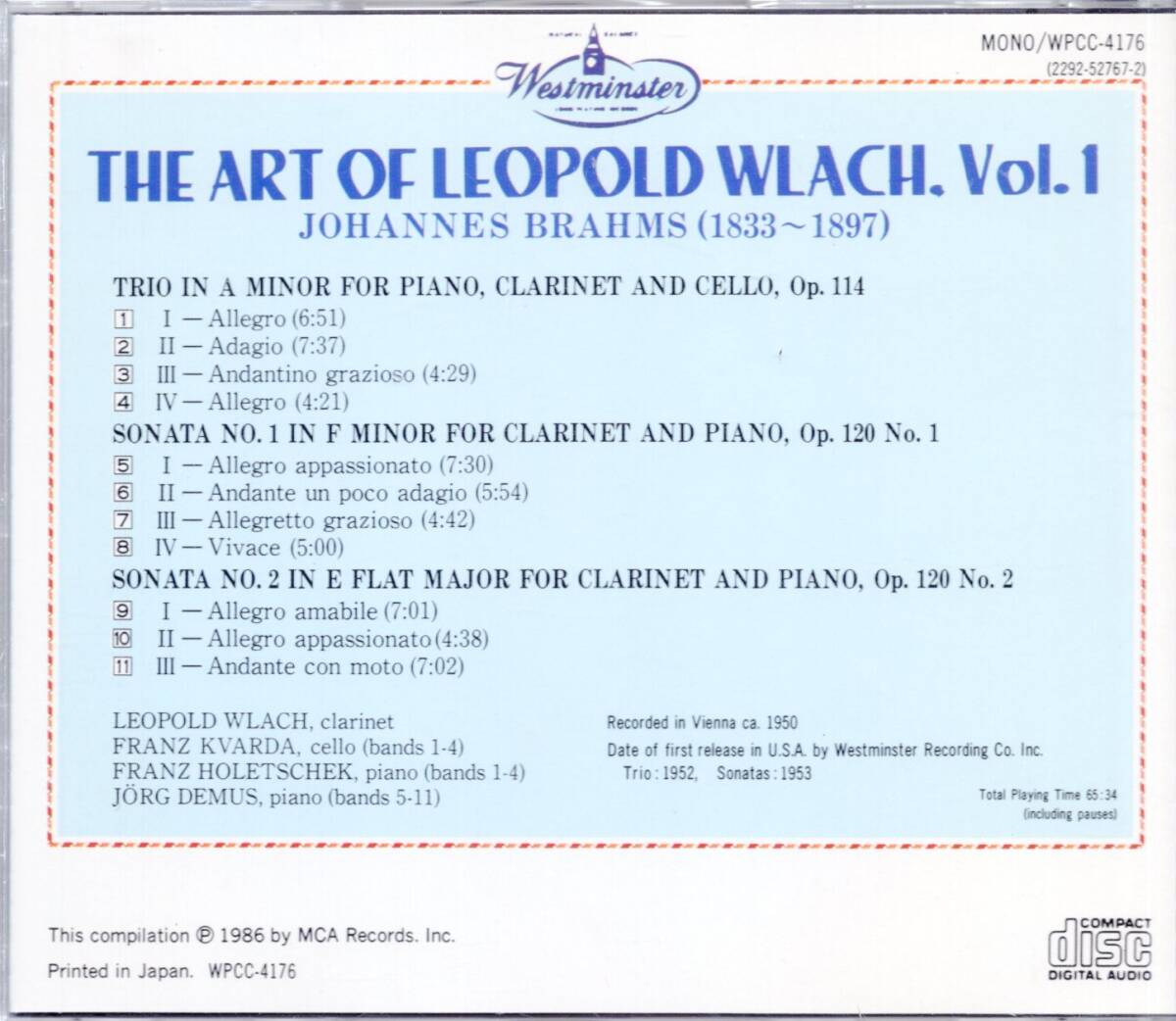 pc373   ブラームス：THE ART OF LEOPOLD WLACH Vol.1 /WLACHの画像2