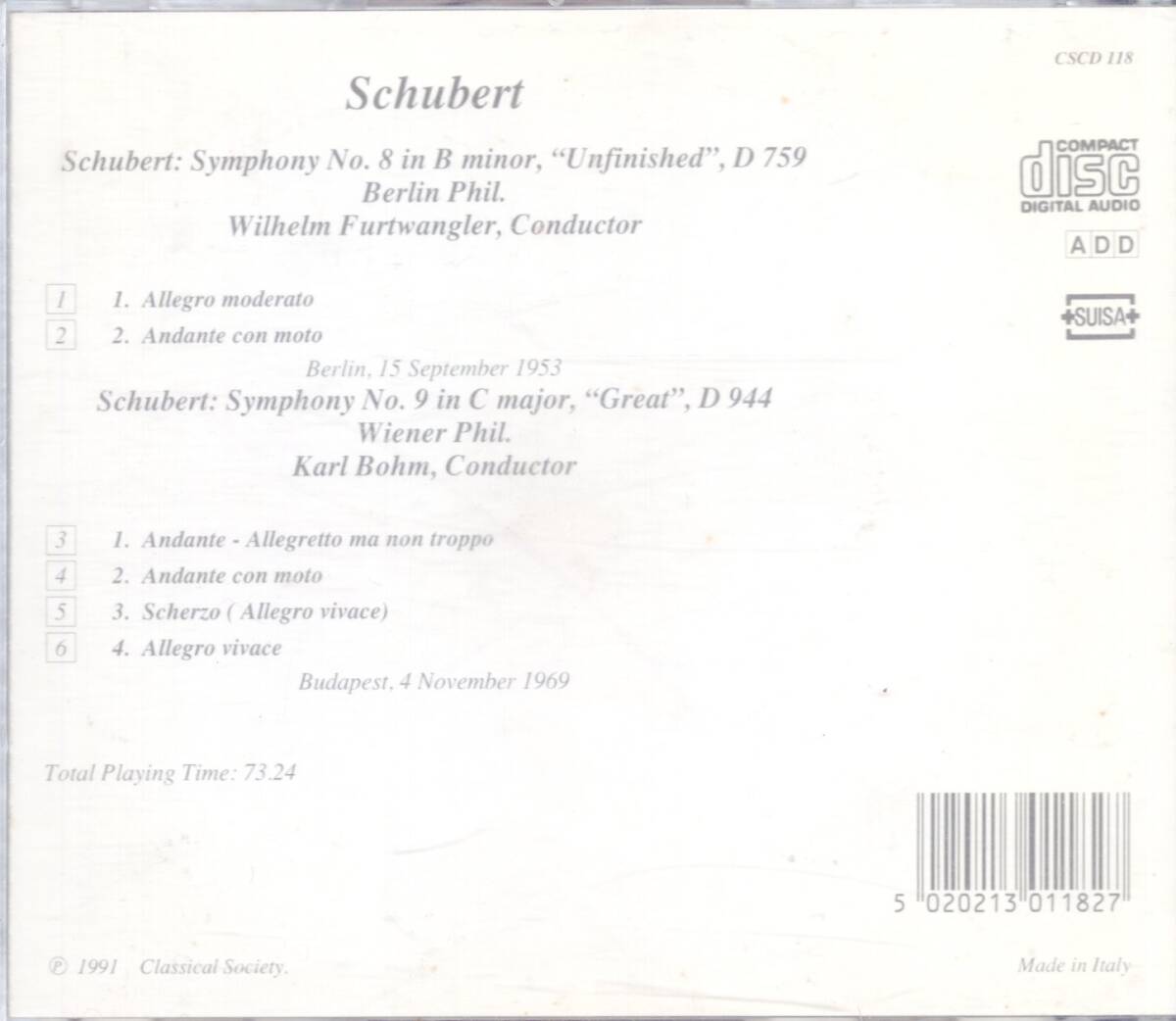 pc305   シューベルト：交響曲第8番「未完成」、9番「ザ・クレート」／ベームの画像2