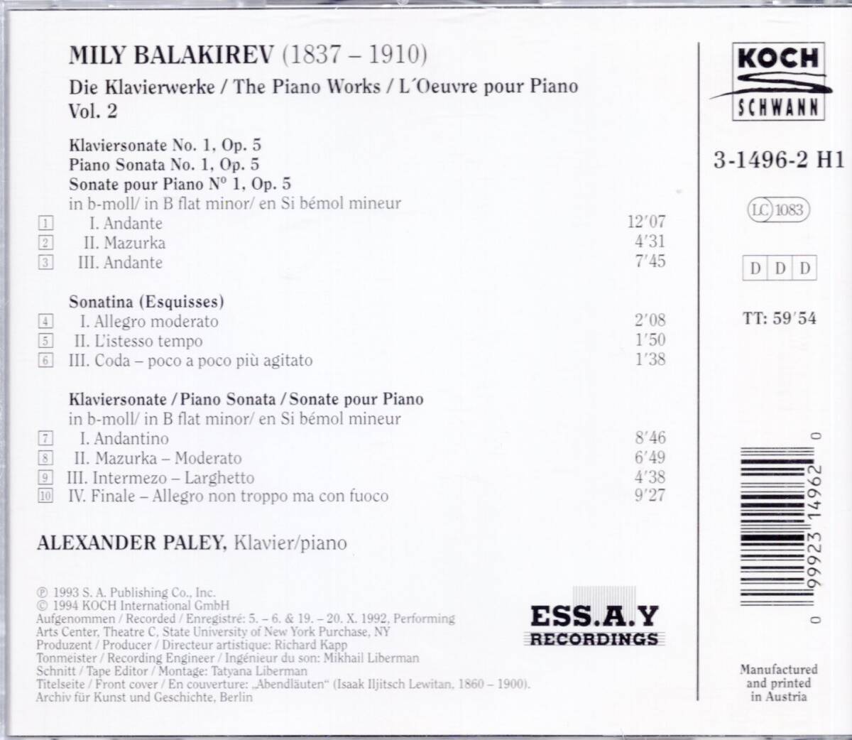 pc286 BALAKIREV: ピアノ作品集 Vol.2 ／PALEYの画像2