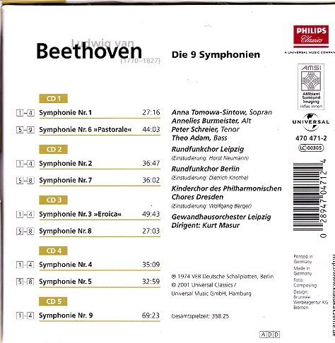 ベートーヴェン：交響曲全集/マズア＆ライプツィッヒ・ゲヴァントハウス管弦楽団（５CD)の画像2