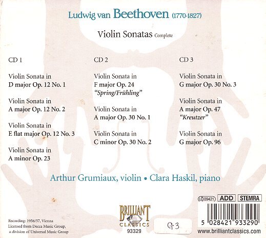 ベートーヴェン：ヴァイオリン・ソナタ全集/グリュミオー、ハスキル（3CD)の画像2