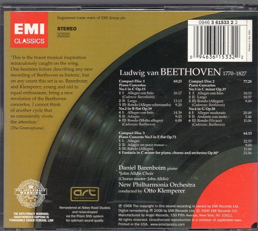 ベートーヴェン：ピアノ協奏曲全集/バレンボイム、クレンペラー（３CD)_画像2