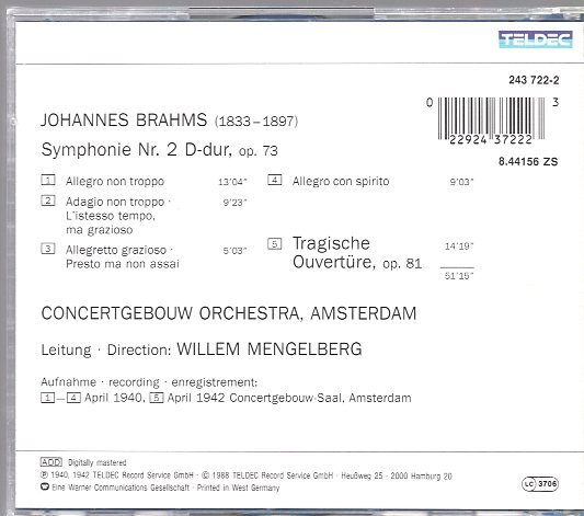 ブラームス：交響曲第２番/メンゲルベルク＆コンセルトヘボウ管弦楽団_画像2