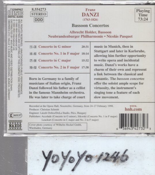a725 ダンツィ：ファゴット協奏曲集/ホルダー／ニュー・ブランデンブルク・フィル／パスケの画像2