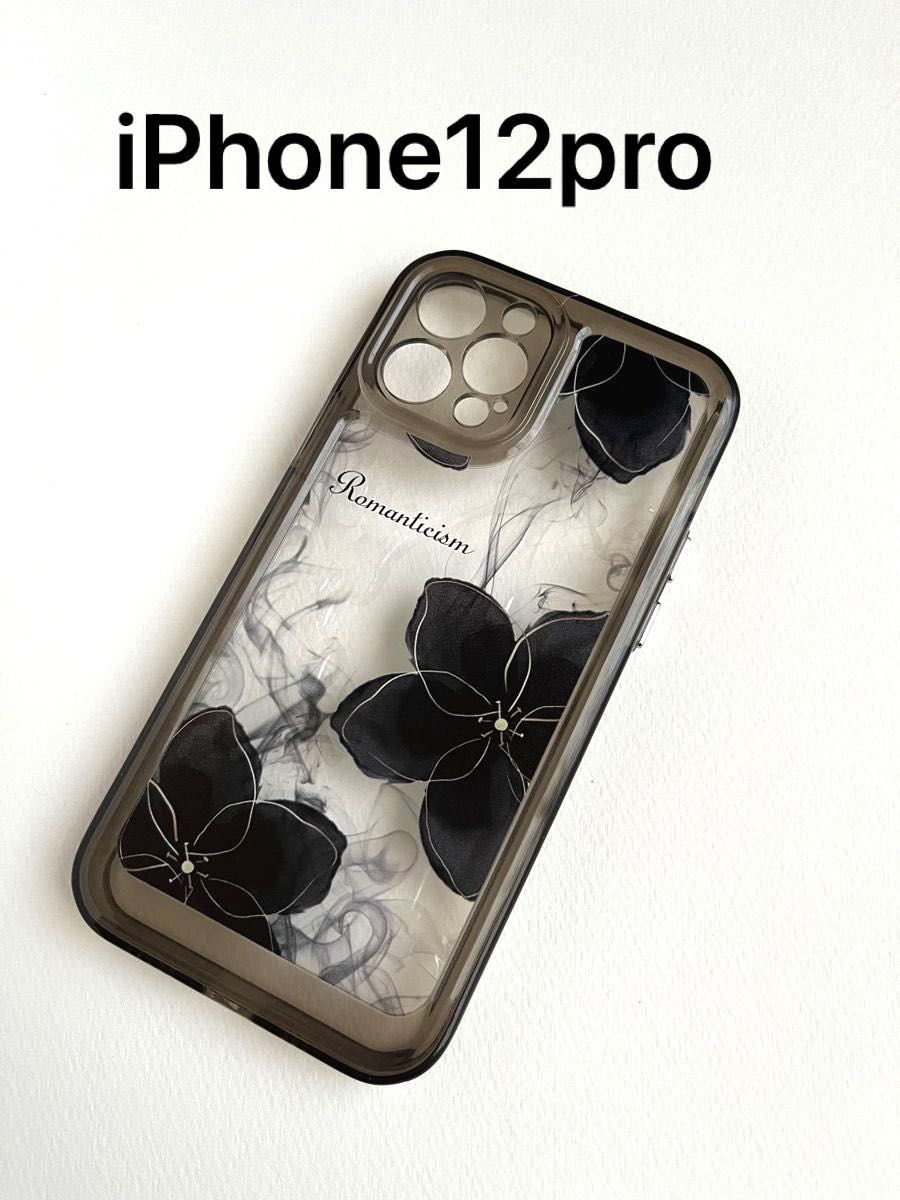 iPhone12proフラワー花柄ブラッククリアアイフォンスマホケース新品送料込み