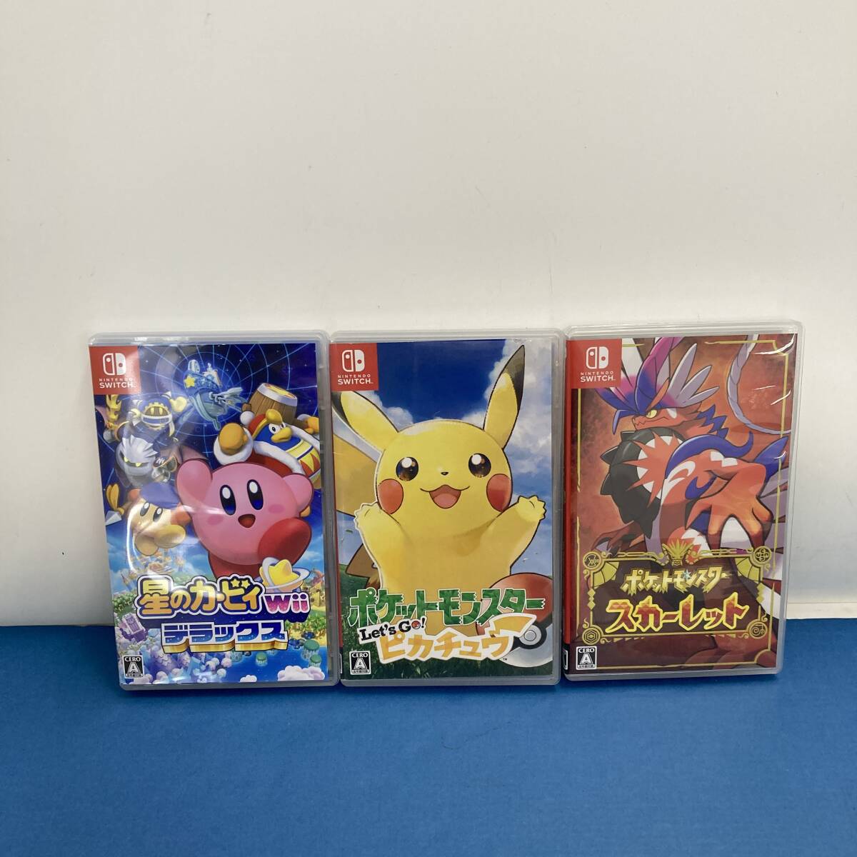 【1円～】Nintendo Switchソフト3本セット 星のカービィ ポケモンスカーレット レッツゴーピカチュウ 【中古品】の画像1