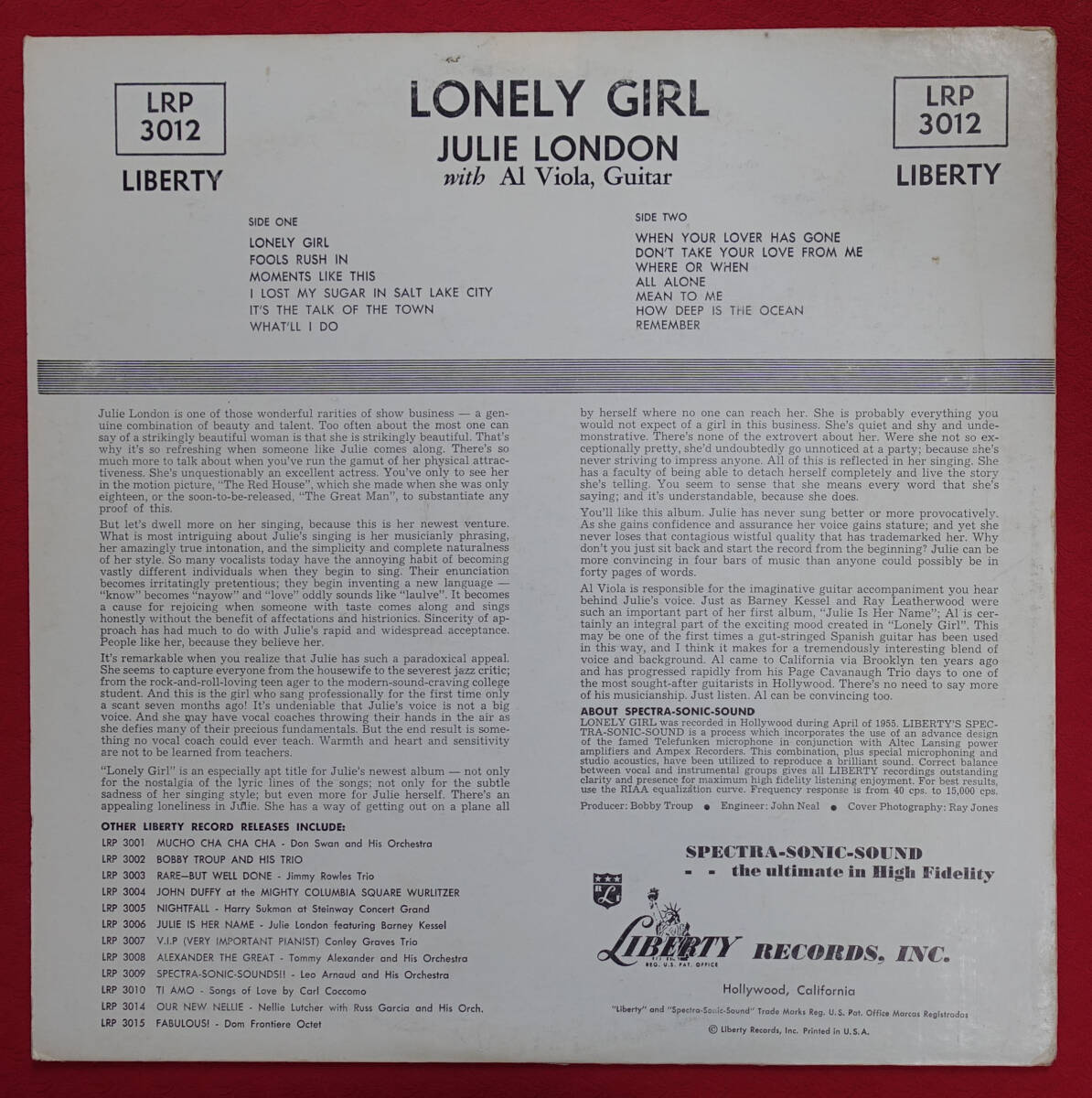 極美! US LIBERTY LRP 3012 オリジナル LONELY GIRL / Julie Londonの画像2