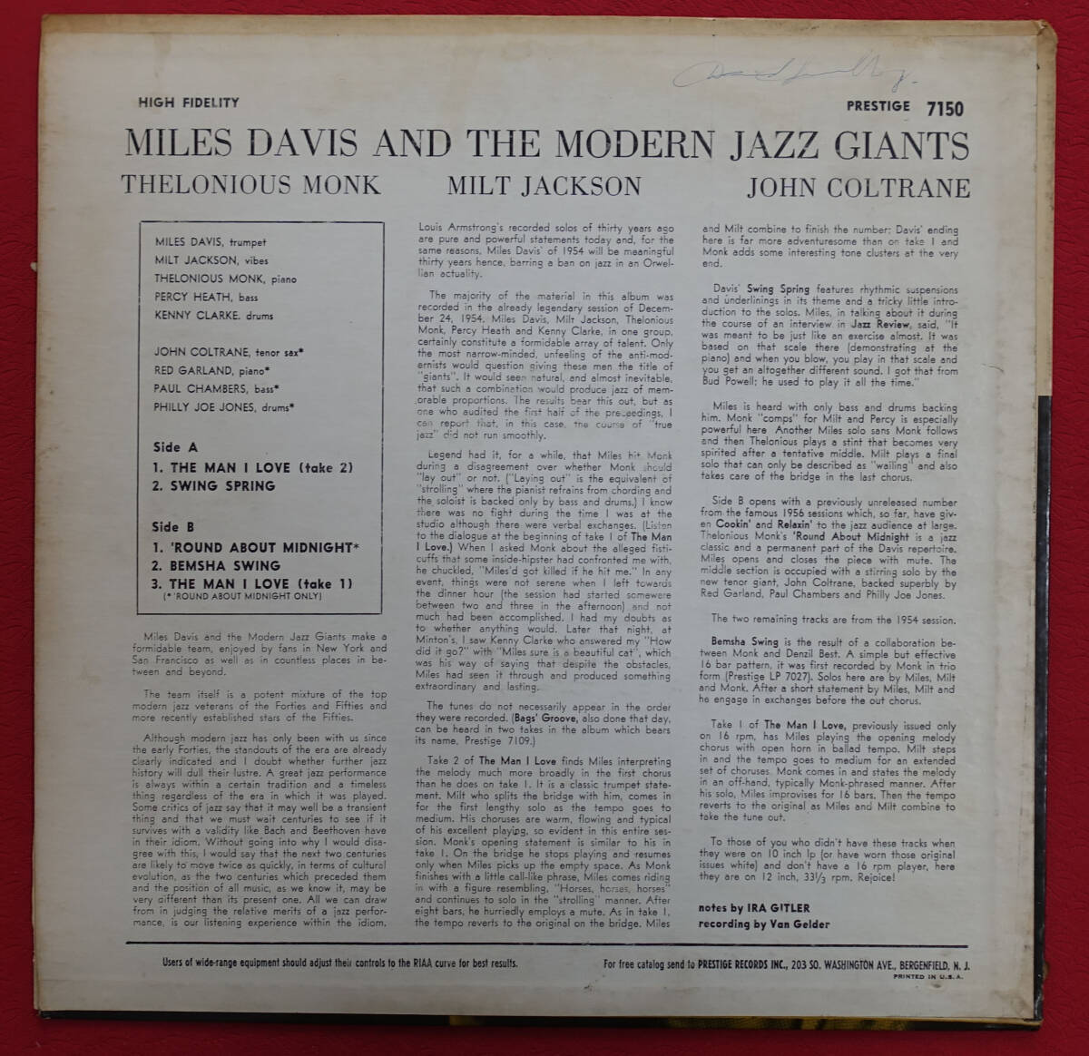 極美! US Prestige PRLP 7150 オリジナル Modern Jazz Giants / Miles Davis NJ/DG/RVGの画像2