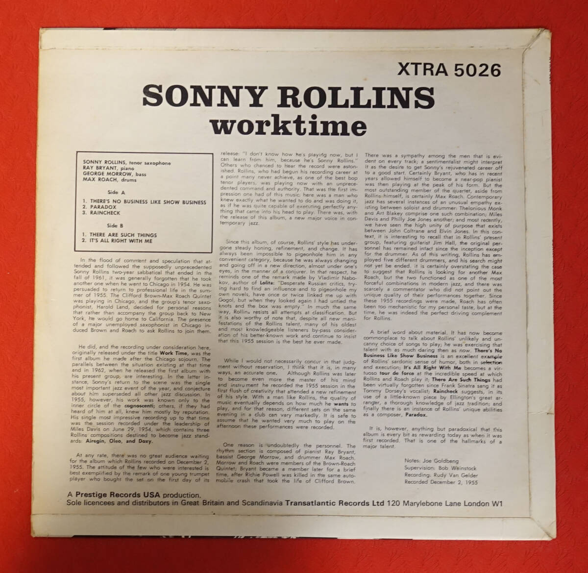 希少! UK Original 初回 XTRA 5026 WORKTIME / Sonny Rollins MAT: A/B_画像2