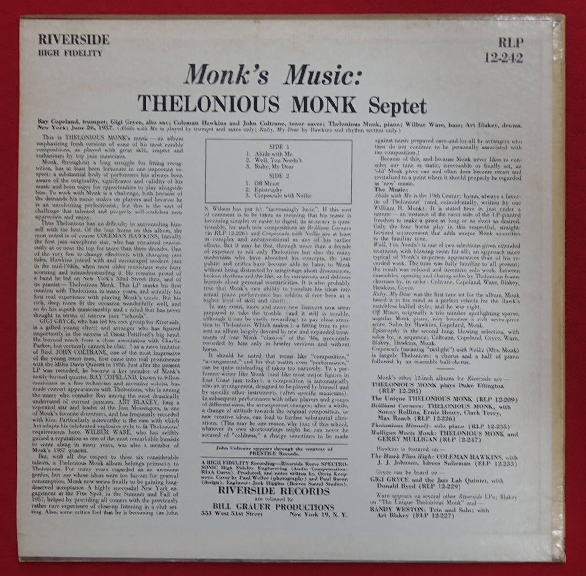  ultimate beautiful! US Riverside RLP 12-242 original Monk*s Muisc / Thelonious Monk. large /DG lable 